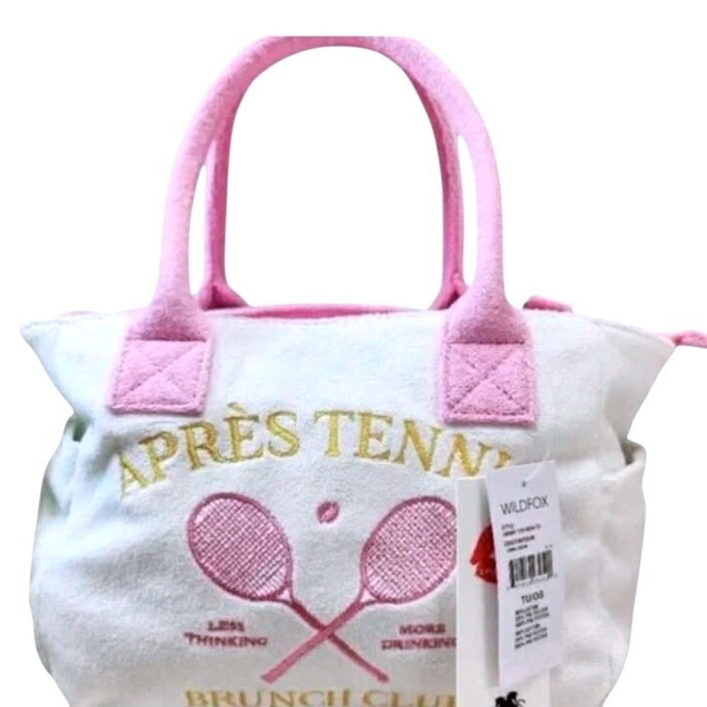 Wildfox Apres Tennis Brunch Club Terry Cloth Tote‎ Bag Pink White NWT